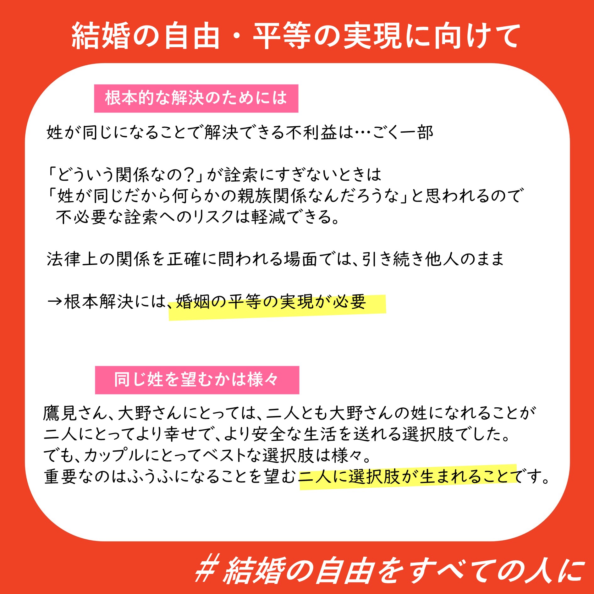 結婚の自由・平等の実現に向けて ・根本的な解決のためには 姓が同じになることで解決できる不利益は…ごく一部 「どういう関係なの？」が詮索にすぎないときは「姓が同じだから何らかの親族関係なんだろうな」と思われるので不必要な詮索へのリスクは軽減できる。 法律上の関係を正確に問われる場面では、引き続き他人のまま →根本解決には、婚姻の平等の実現が必要 ・同じ姓を望むかは様々 鷹見さん、大野さんにとっては、二人とも大野さんの姓になれることが二人にとってより幸せで、より安全な生活を送れる選択肢でした。 でも、カップルにとってベストな選択肢は様々。 重要なのはふうふになることを望む二人に選択肢が生まれることです