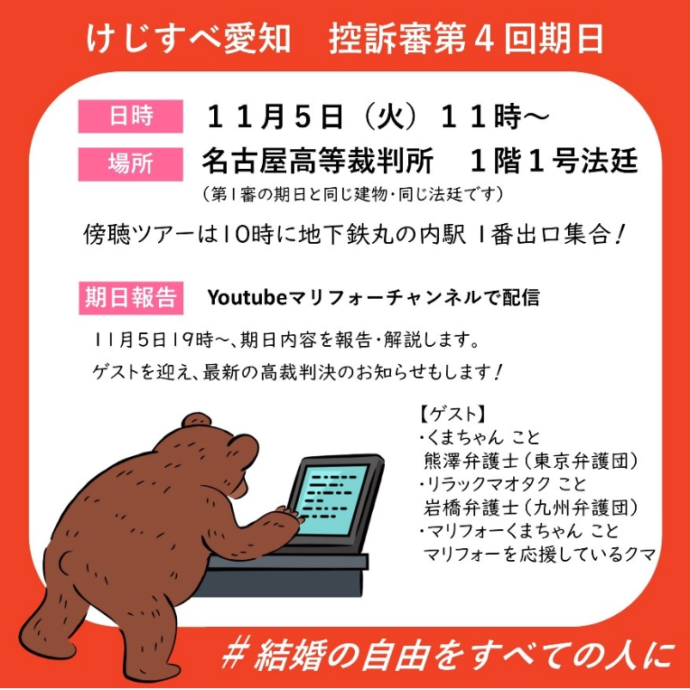 けじすべ愛知 控訴審第4回期日

日時

11月5日(火)11時~

場所

名古屋高等裁判所 1階1号法廷

(第1審の期日と同じ建物・同じ法廷です)

傍聴ツアーは10時に地下鉄丸の内駅1番出口集合!

期日報告

Youtube マリフォーチャンネルで配信

11月5日19時~、期日内容を報告・解説します。 ゲストを迎え、最新の高裁判決のお知らせもします!

【ゲスト】

・くまちゃんこと

熊澤弁護士(東京弁護団)

・リラックマオタクこと

岩橋弁護士(九州弁護団)

・マリフォーくまちゃんこと

マリフォーを応援しているクマ

#結婚の自由をすべての人に