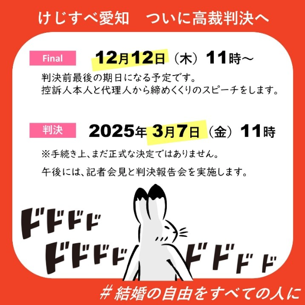 けじすべ愛知　ついに高裁判決へ

■最後の期日
１２月１２日（木）１１時～
判決前最後の期日になる予定です。
控訴人本人と代理人から締めくくりのスピーチをします。

■判決
２０２５年３月７日（金）１１時

ご注意　手続き上、まだ正式な決定ではありません。
午後には、記者会見と判決報告会を実施します。