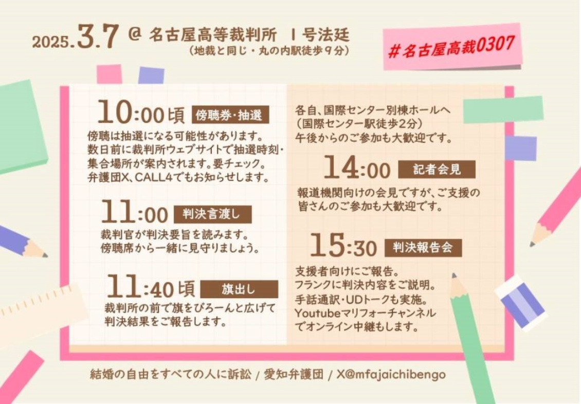 2025.3.7 名古屋高等裁判所 １号法廷
・10時頃 傍聴券抽選
・11時　判決言い渡し
・11時40分頃  旗出し
・14時　記者会見
・15時30分　判決報告会