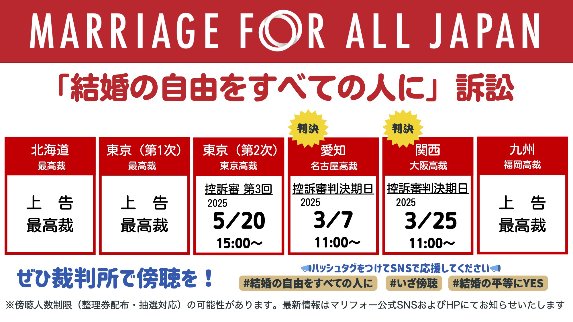 訴訟スケジュール
・北海道最高裁（上告/最高裁）
・東京第1次最高裁（上告/最高裁）
・東京第2次東京高裁（控訴審第3回 2025年5月20日15時）
・愛知名古屋高裁（控訴審判決期日 2025年3月7日11時）
・関西大阪高裁（控訴審判決期日2025年3月25日11時）
・九州福岡高裁（上告/最高裁）